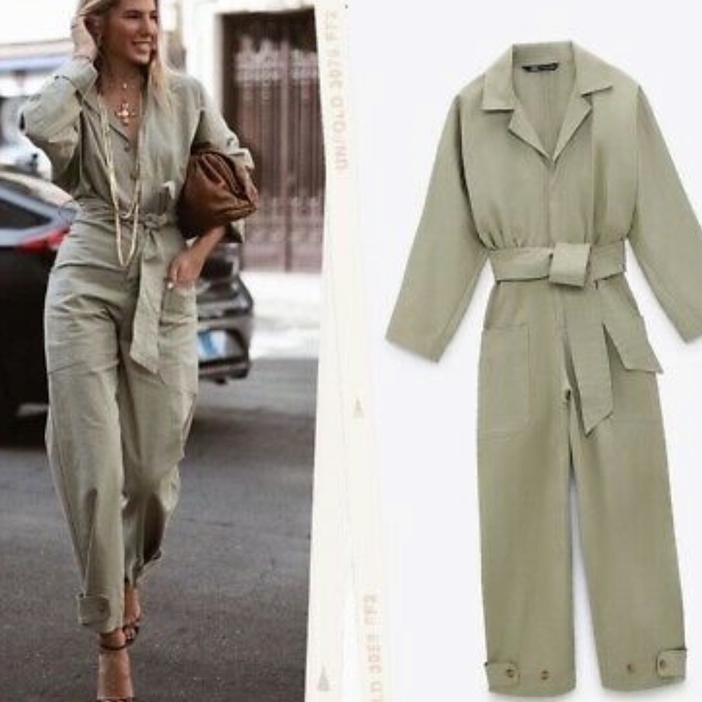 ZARA NEW WOMAN LONG BELTED JUMPSUIT KHAKI GREEN